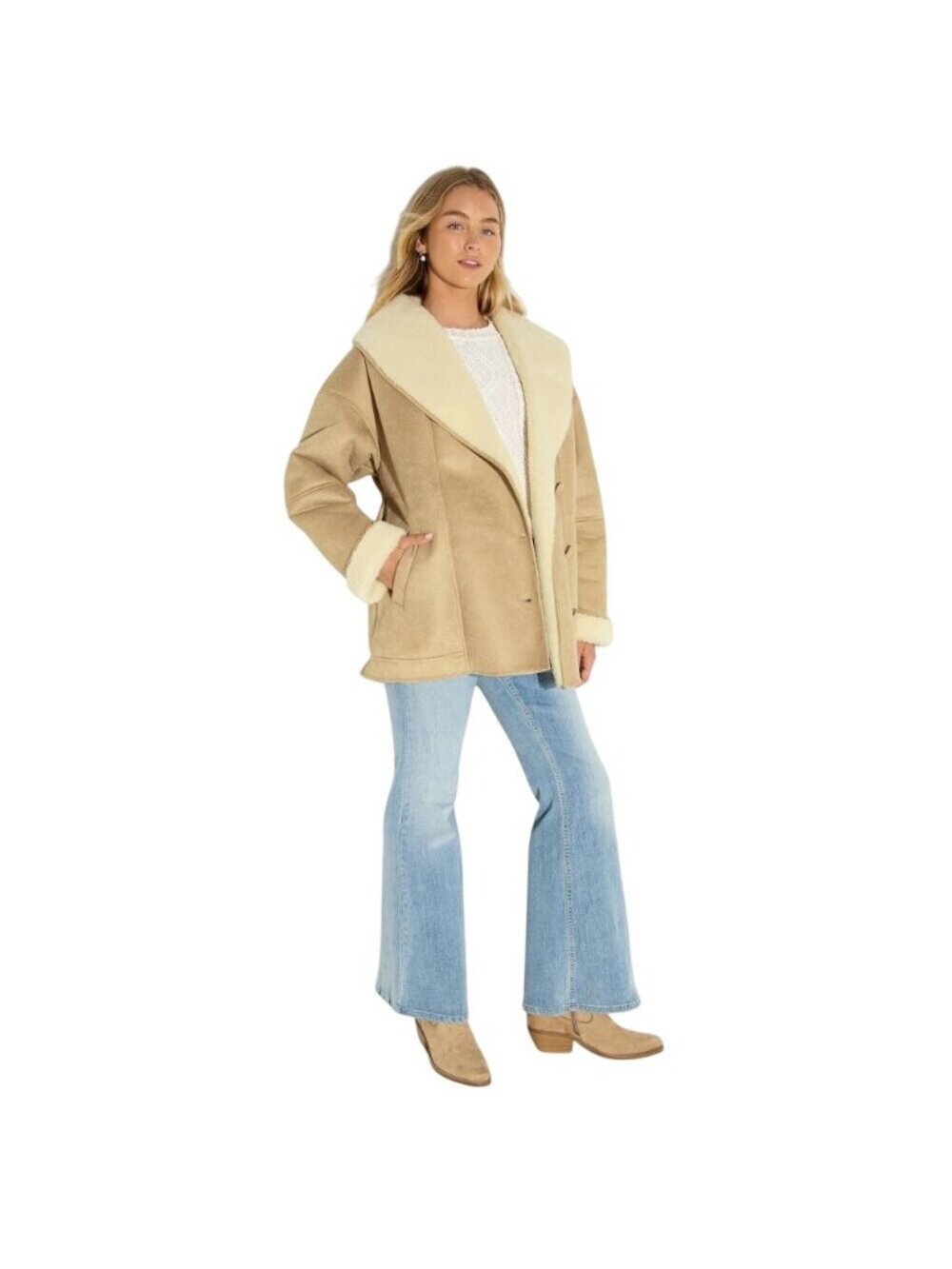 NWT Wild Fable Collar Faux Shearling Button Down Sash Tie Coat Tan Brown 2XS